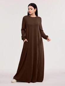 Veilorie 女士休闲纯色阿拉伯风格长款连衣裙，春秋季款，款式端庄，适合海滩/休闲/度假/居家/日常穿着。 - 咖啡棕 - 查看 3
