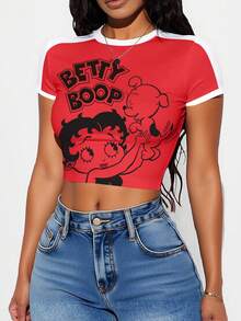 Betty Boop x SHEIN Camiseta corta de manga corta con estampado de letras y dibujos animados para mujer, de verano - Blanco - Ver 5