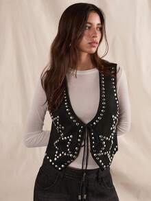 Easelle Áo đen có đinh tán hình ngôi sao năm cánh, lễ hội âm nhạc ngoài trời thú vị, áo kiểu vest - màu đen - Xem 1