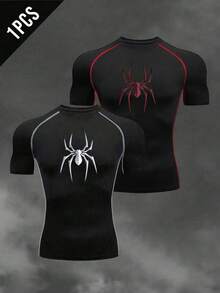 Manfinity Sport Corelite Men's Spider Print Raglan Short Sleeve Sports T-Shirt Fitted Shirt Crew Neck Graphic Compression Shirt Men Compression Shirt Halloween
