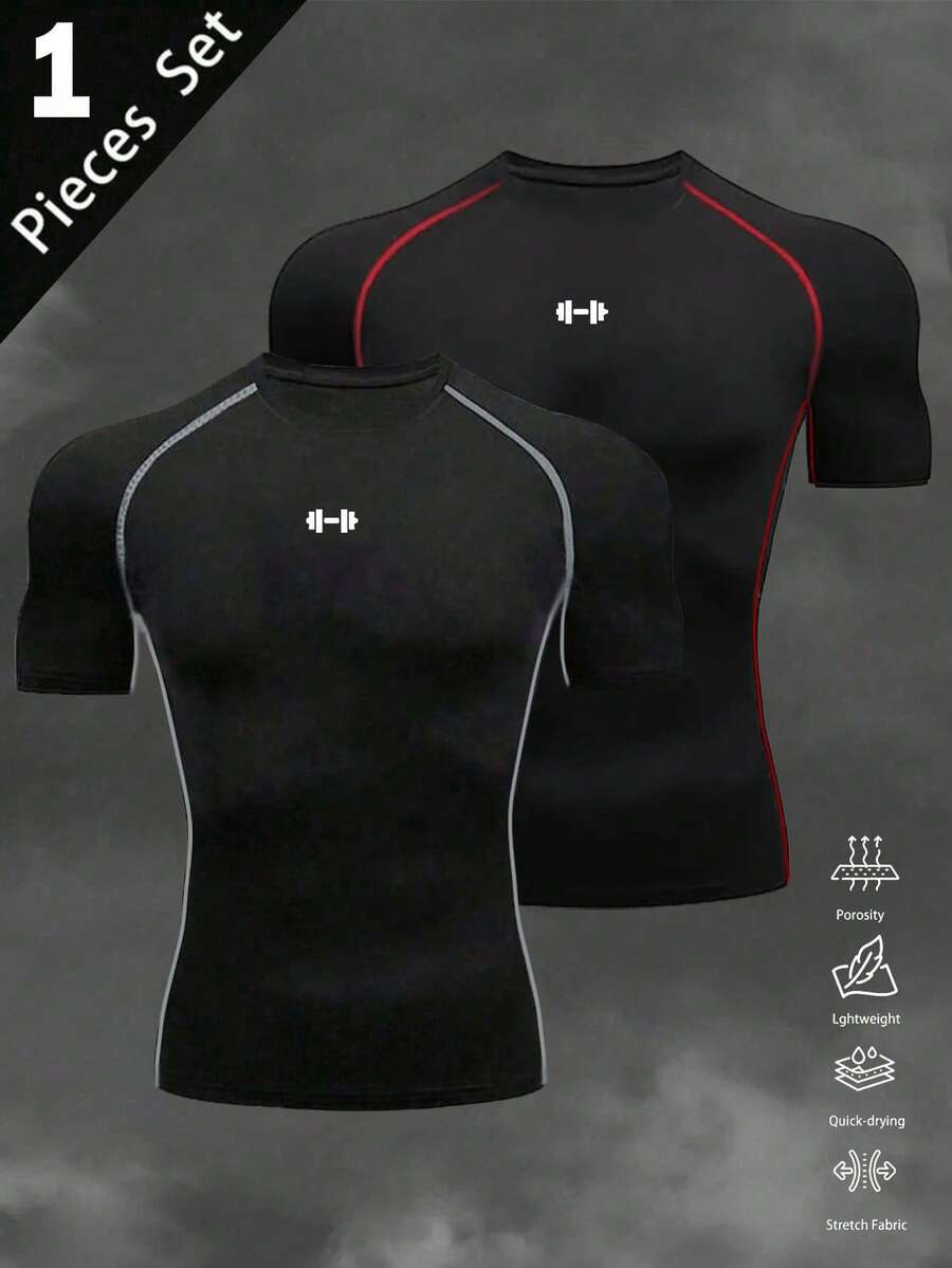 RISE LYT 男士修身运动健身撞色圆领短袖T恤压缩衣 - 黑色 - 查看 1