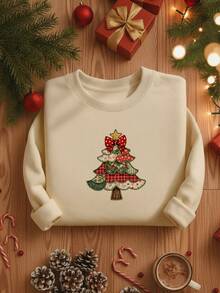 SHEIN LUNE Weihnachtsbaum Muster Oversized Rundhals Dicker Sweatshirt, Damen Herbst und Winter Langarm Top, Weihnachtsparty, Herbst und Winter Sweatshirt, Geeignet für Partys - Aprikosenfarben - Übersicht 6
