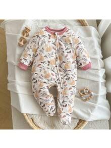 Loomiva 新生女婴花卉和松鼠印花柔软针织撞色圆领长袖连体衣（含裤子）