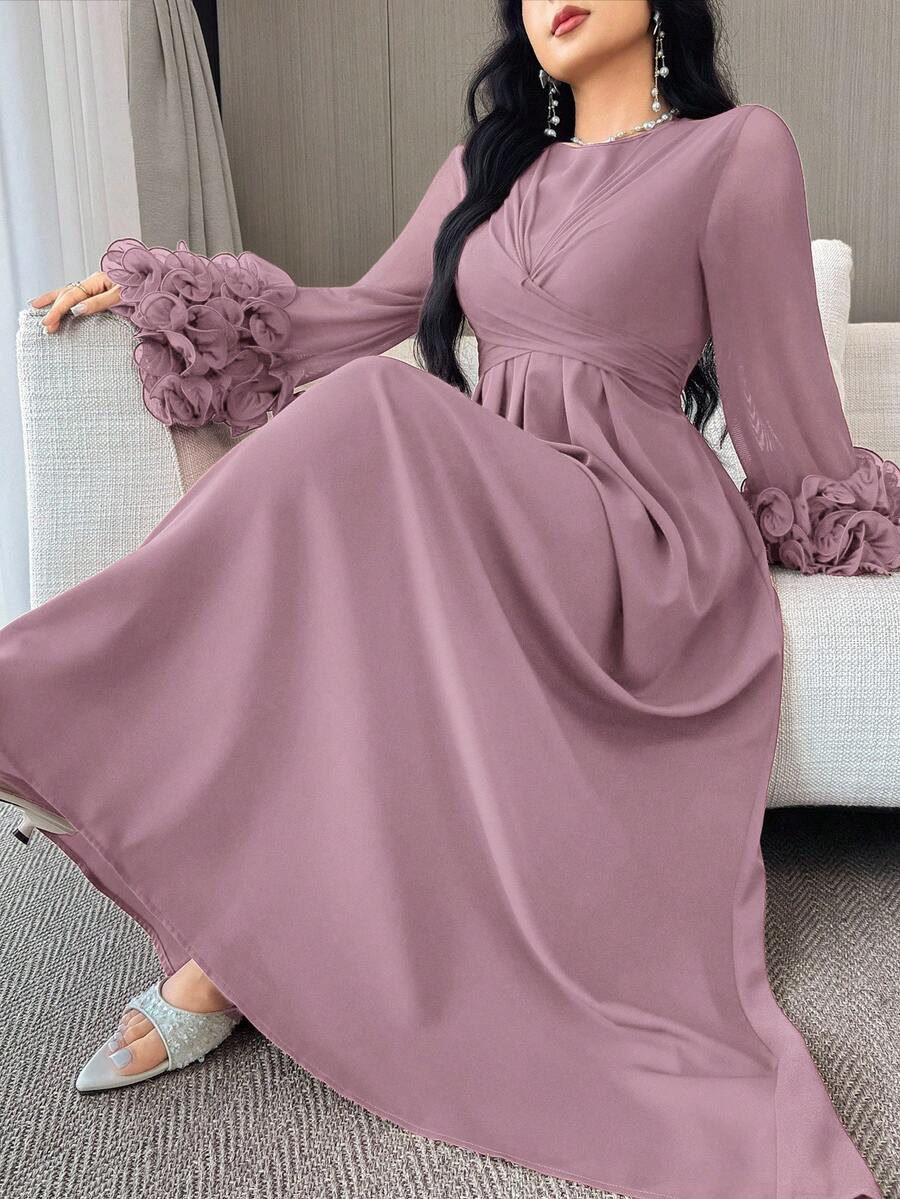 Feyla Women's Elegant Ruffle Waist Arabic Style Dress, Autumn - Dusty Pink - View 1