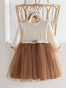 SHEIN Playful Pals Baby Girls' Ribbed Crew Neck Puff Sleeve Dress With Bow Waist, Ruffle Hem, Autumn/Halloween Holiday Occasion - Brown - View 7