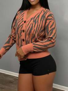 Slaydiva 秋冬新款女士休闲开衫，百搭实用，适合日常出行、度假、街头穿搭、派对、万圣节等场合 - 圆领、落肩、长袖，橙色、红棕色、螺旋、波浪、波纹图案，开襟针织毛衣 - 彩色 - 查看 5