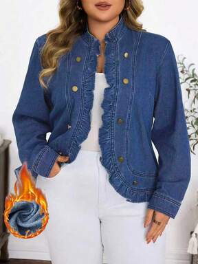 SHEIN Veste en jean délavée casual de vacances avec volants et patchwork pour femmes grandes tailles