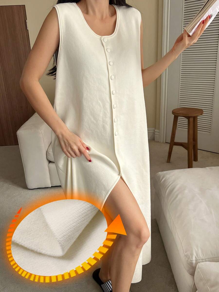 DAZY 女士针织无袖长裙家居服，秋冬 - 白色 - 查看 1