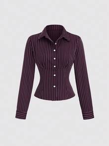 Sweetra 时尚撞色纹理纽扣修身腰部修身条纹领长袖女式衬衫 - 紫色 - 查看 2