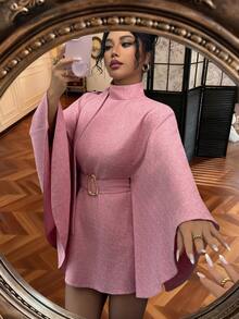 SHEIN Elenzya Abrigo capa de lana de unicolor minimalista para mujer con diseño de cuello alto, cintura ceñida y cinturón de metal, color rosa. Abrigo de mezcla de lana con cuello alto, mangas acampanadas, elegante para otoño/invierno, fiestas elegantes, Navidad, Halloween, San Valentín, Año Nuevo