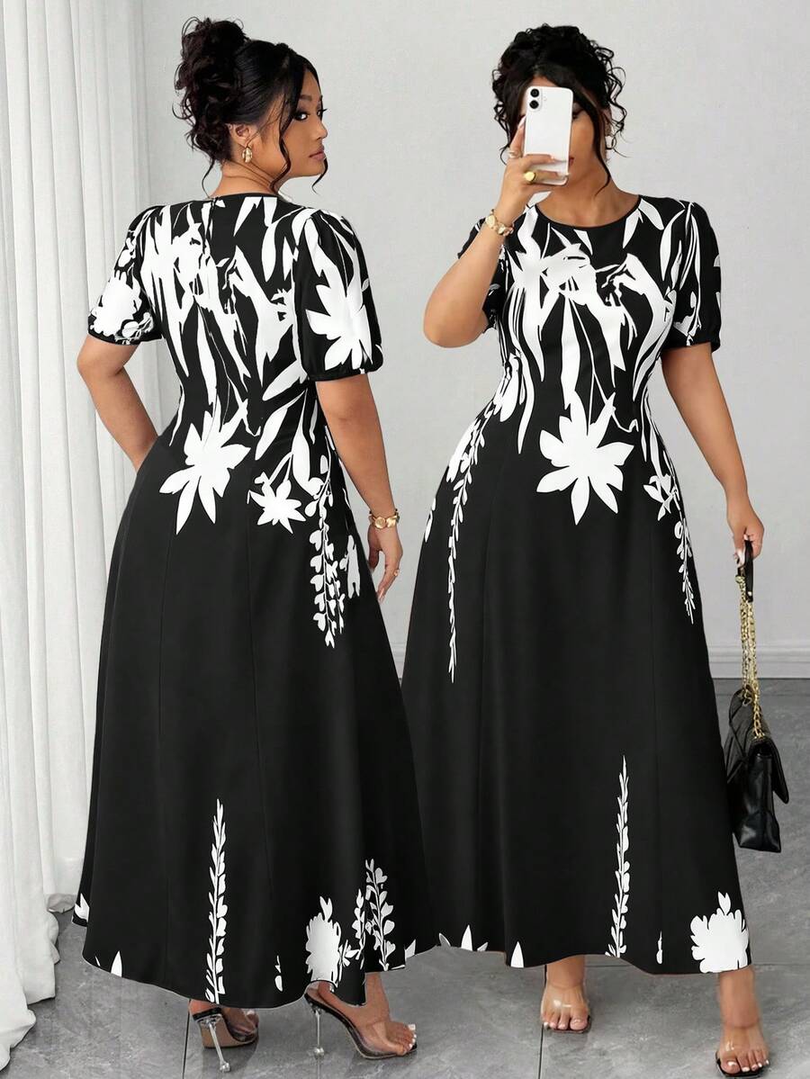 Elenzga Plus Size Women Elegant A-Line Waist Cinched Midi Dress, Flattering For Everyday & Commute - Black - View 1