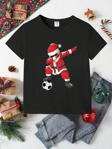 Merry Christmas Tween Boys Cartoon Santa Claus Hand Gesture Print Graphic Tee, Cute & Fashionable, Versatile For All Seasons, Suitable For Christmas Party - Black - View 3