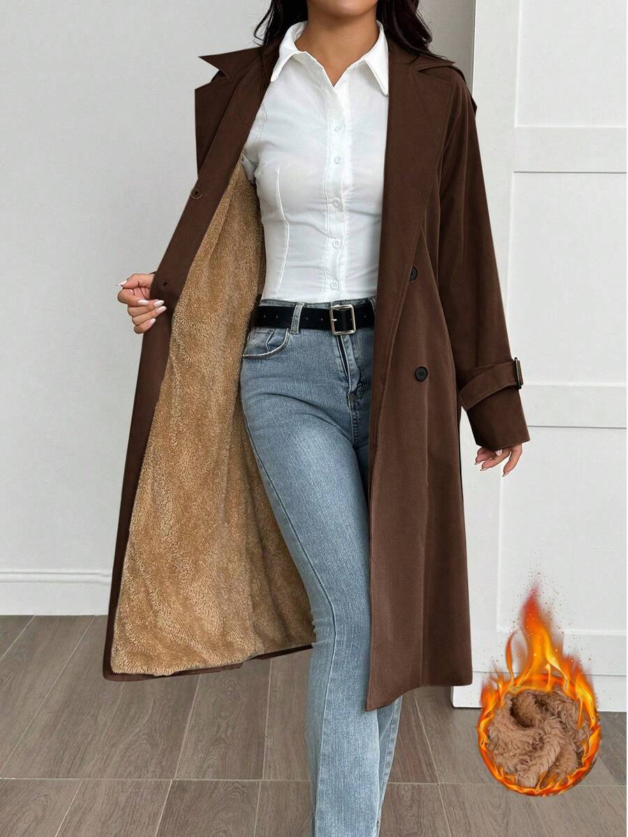 SHEIN PETITE Women's Solid Color Minimalist Casual Long Sleeve Trench Coat,Women's Winter Clothes - Brown - View 1
