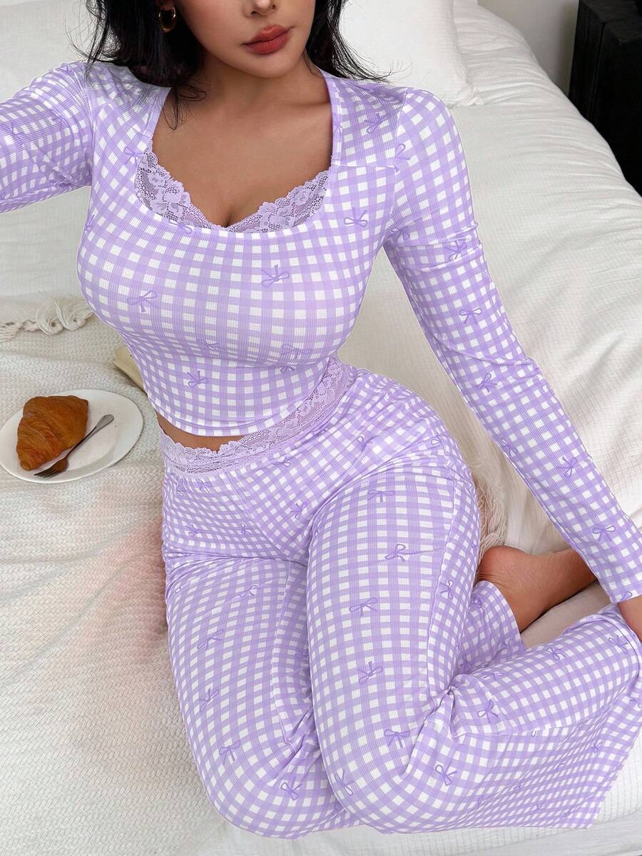 SHEIN 女士复古格子蝴蝶结蕾丝边长袖上衣和喇叭裤睡衣套装，秋冬服装 - 紫色 - 查看 1