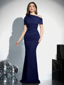 Coutiva Women's Knitted Red Bubble Sleeve Cinched Waist Bodycon Formal Evening Dress