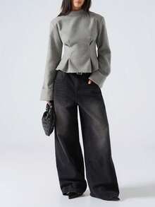 LYSMO 2025新款极简主义冬季女式灰色纯色立领插肩袖褶皱腰身优雅衬衫，适合休闲穿着，是新年、圣诞节、冬季外出、街头风和斯德哥尔摩风格的理想之选。 - 灰色 - 查看 5