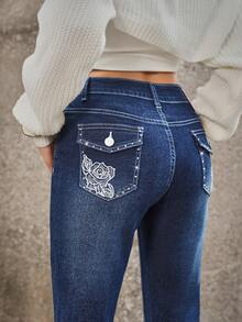 Selenza Quần jeans ống loe thêu hoa đính đá thời trang thường ngày cho nữ - Màu xanh lam - Xem 3