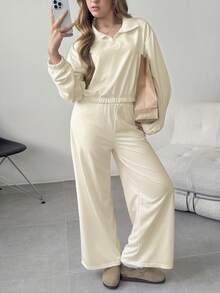 2-teiliges Set: Damen & Teenager Mädchen unifarbener Crop Sweatshirt mit Stehkragen und Langarm + weite Schlupfhose Set, lässige Sportkleidung, minimalistisch & elegant