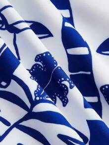 Swim Oasis 女士蓝白热带棕榈树印花连体泳衣，优雅休闲沙滩度假罩衫