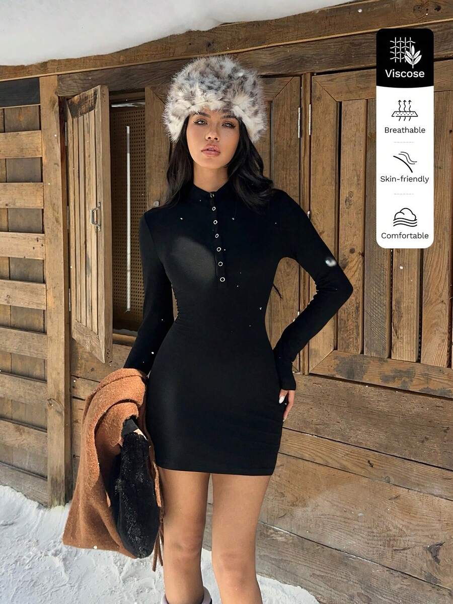 SHEIN Unity Vestido de manga larga con cuello en V y decoración de botón de metal, adecuado para otoño/invierno - Negro - Ver 1