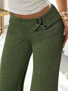 CovetEZ Women's Army Green High Waist Button Design Wide Leg Knit Pants,Casual Lounge Wide Leg Sweatpants,Autumn Winter Bell Bottom Flared Comfy Pants - Army Green - View 6