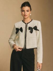 Poéselle Áo khoác nữ mùa thu tay dài dáng suông, chất liệu tweed ánh kim với nơ tương phản, áo blazer nữ, áo khoác tweed nữ, trang phục nơ Giáng sinh, áo khoác mặc cùng váy. - Đen và trắng - Xem 5