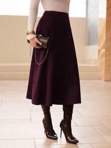 Modelyn Váy dài xòe thanh lịch bằng da lộn giả màu trơn dành cho nữ - Màu Đỏ Sâu - Xem 6