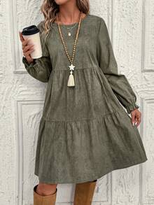 EMERY ROSE Plus Size Green Color Long Sleeve Casual Dress, Autumn/Winter,2025 New, Thanksgiving, Thanksgiving Outfit For Women - Army Green - View 5
