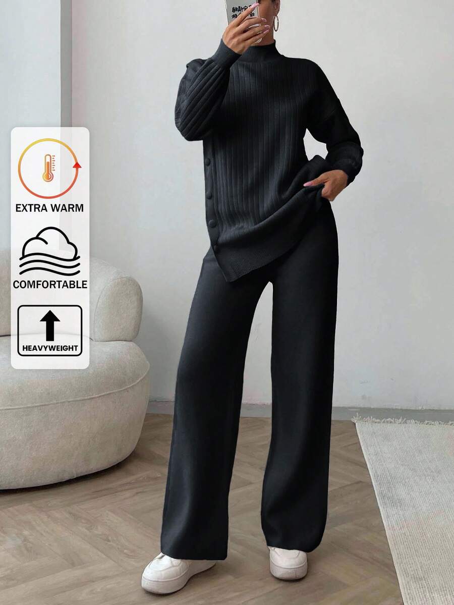 EURMUSE Women Solid Color Button Detailed Mock Neck Drop Shoulder Pullover & Sweater Pants Set,Petite,Winter Clothes - Dark Grey - View 1