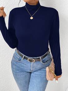 EMERY ROSE 2pcs Plain Versatile Base Layer Casual Minimalist Plus Size Turtleneck Long Sleeve T-Shirts, Suitable For Autumn/Winter - Multicolor - View 4