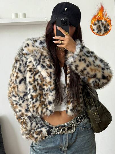 Coolane Women's Winter Streetwear Vintage Chic Rave Y2K Cave Leopard Cheetah Print Faux Fur Warm Cold Weather Thermal Loose Long Sleeve Faux Fur Coat