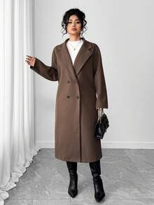 Elenzga Plus Size Solid Color Double-Breasted Woolen Coat, Fashionable For Commuting, Autumn/Winter