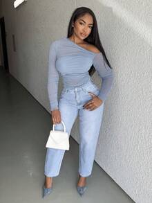 Alexandranx High Waist Mom Fit Jeans,Ladies Casual Button,Pocket,Zipper High Waist Tapered/Carrot Long Medium Wash Cotton Mom Fit Regular Fit Women Jeans,Spring/Fall,Casual Daily Wear ,Petite Women - Medium Wash - View 1
