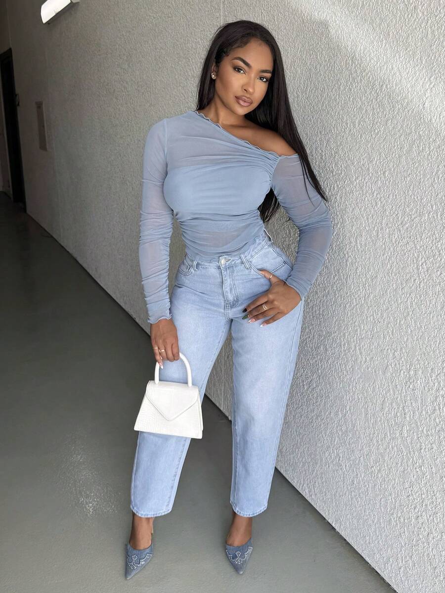 Alexandranx High Waist Mom Fit Jeans,Ladies Casual Button,Pocket,Zipper High Waist Tapered/Carrot Long Medium Wash Cotton Mom Fit Regular Fit Women Jeans,Spring/Fall,Casual Daily Wear ,Petite Women - Medium Wash - View 1