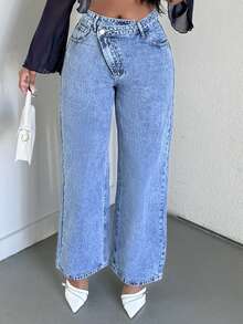 Alexandranx Casual Crossover Waistband Pocket Solid Color Denim Pants - Light Wash - View 4