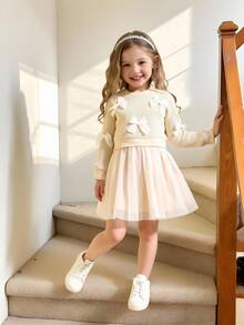 SHEIN Playful Pals 1pc Girls Butterfly Decor Round Neck Long Sleeve Mesh Hem Dress, Fresh & Elegant Fashion, Cute & Sweet, Suitable For Autumn/Winter