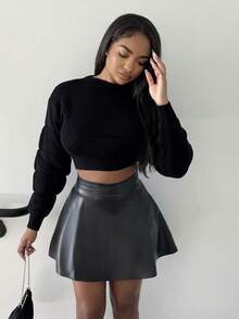 Alexandranx Váy cạp cao màu trơn thời trang đa năng - màu đen - Xem 6