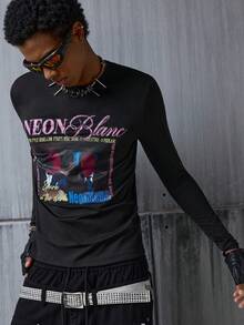 NEON BLANC 男式紧身图案 T 恤反光徽标印花长袖圆领上衣 - 黑色 - 查看 4