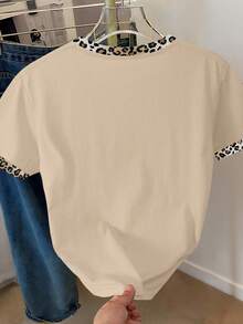 INAWLY Women's Leopard Print Bow Decor Short Sleeve Casual Round Neck T-Shirt - Khaki - View 2