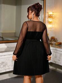 Cravure 大码女式优雅派对连衣裙，网眼拼接长袖，褶边下摆