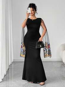 Cravure Embroidered Lace Mesh Long Sleeve Shawl Collar Mermaid Dress - Black - View 8