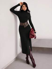 Heiryn 女士休闲针织毛衣连衣裙，秋冬季 - 黑色 - 查看 6