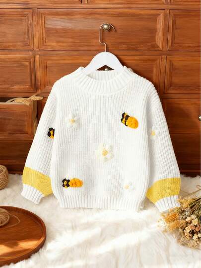 SHEIN Vintaside Kids 1 st mjuk, hudvänlig, slitstark, noppfri söt 3D-bi- och blomdekoration i livfull och bedårande gul rundhalsad tröja, kontrasterande gul ärmdesign, lätt höst-/vintertröja för flickor, mångsidig för vardag, vardag, skola, shoppingtillfällen