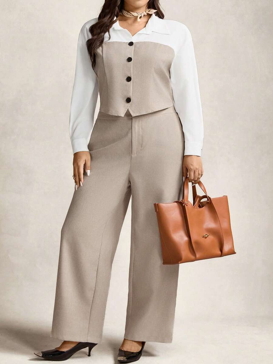 Zelara White,Autumn,Elegant,Formal Plus Size Color Block Long Sleeve Button Front Shirt And Pants 2 Pieces Set Women's Business Casual Commuter Work Attire - Black - View 1