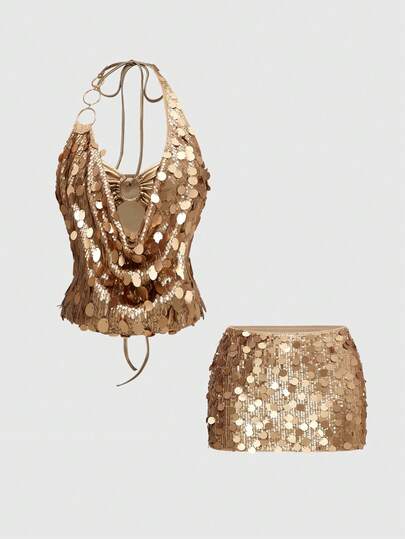 ROMWE Avant Ensemble 2 pièces vintage sexy Y2K : top court à paillettes et mini-jupe taille basse pour femmes
