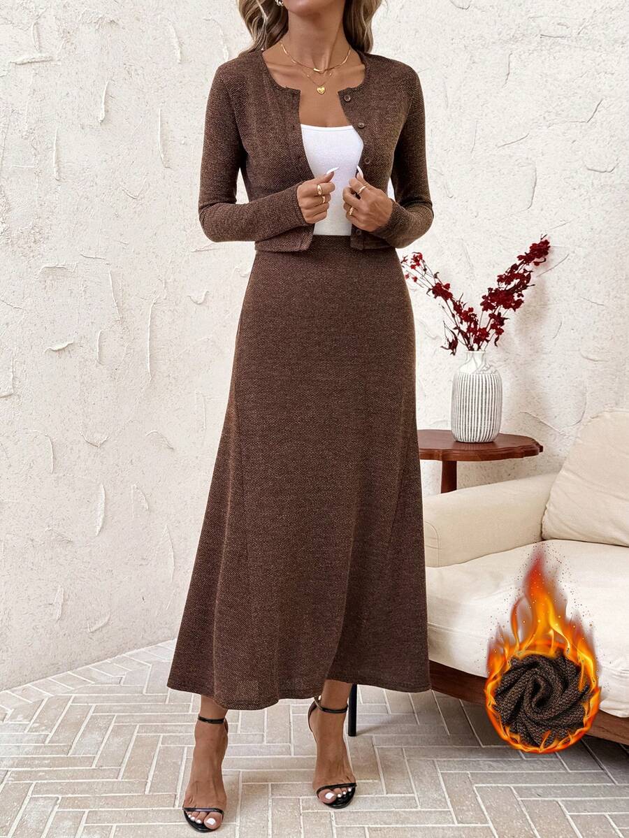 SHEIN Clasi Women's Autumn/Winter Fashion Business Casual Long Sleeve Top And Skirt 2 Pieces Set - Mocha Brown - View 1