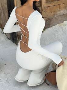 FavEase Women's Casual Minimalist Sexy Backless Thermal Long Sleeve Crew Neck T-Shirt With Chest Pads, Autumn - White - View 2