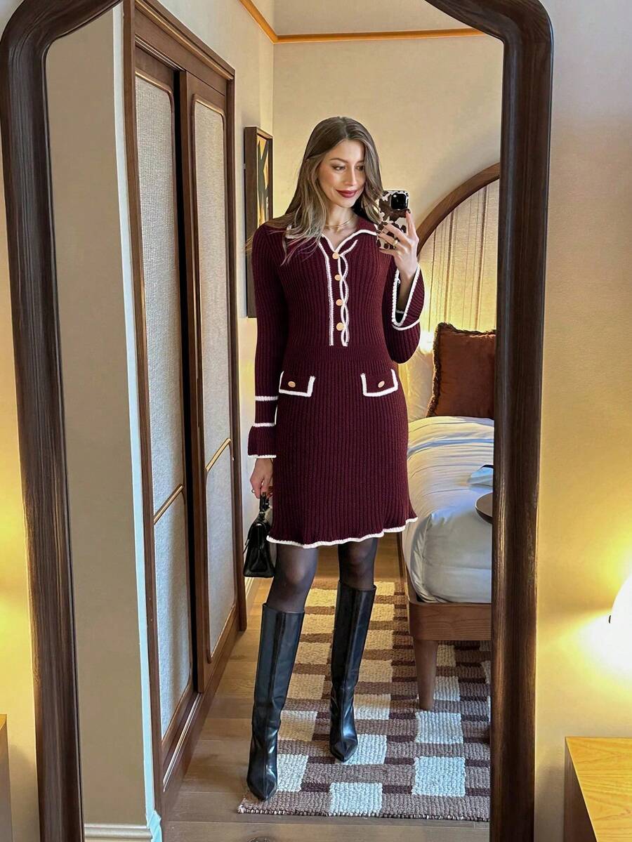 Pariaura Gaun Rajut Lengan Panjang Wanita Elegan dengan Kancing Setengah Plaket, Musim Gugur/Dingin - Burgundy - View 1
