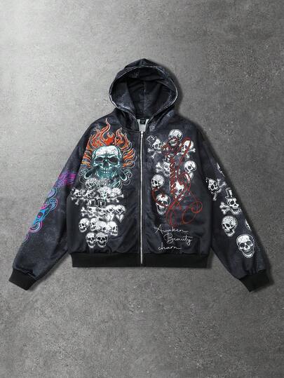 Street Life Sudadera con capucha con cremallera y estampado de calavera, estilo urbano para hombres