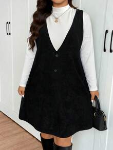 Lounesse Women Plus Size Solid Color Stand Collar Long Sleeve T-Shirt And Casual Bib Dress 2-Piece Set, Spring - Black - View 6